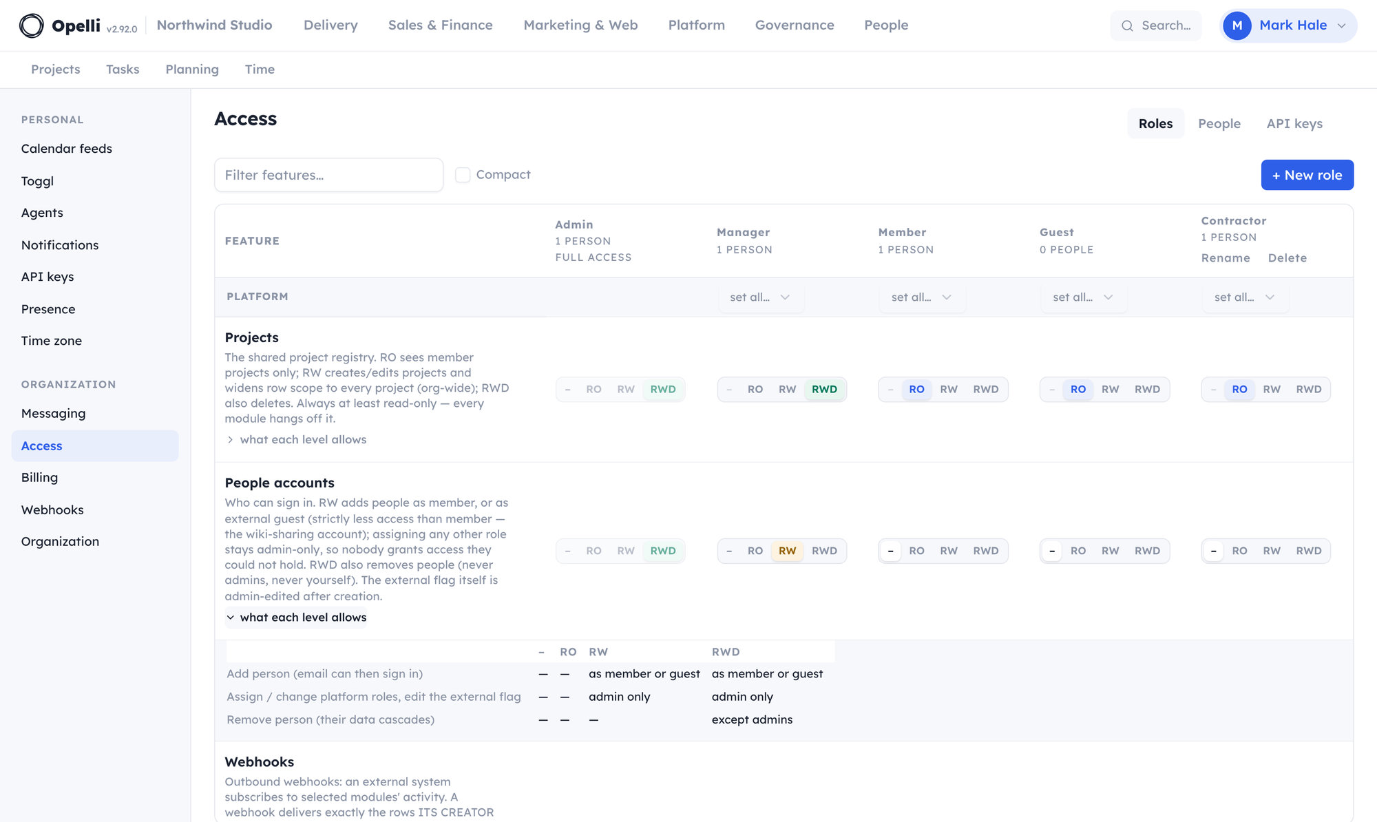 The Access console: features × roles grid with per-level pickers and an expanded 'what each level allows' capability matrix.