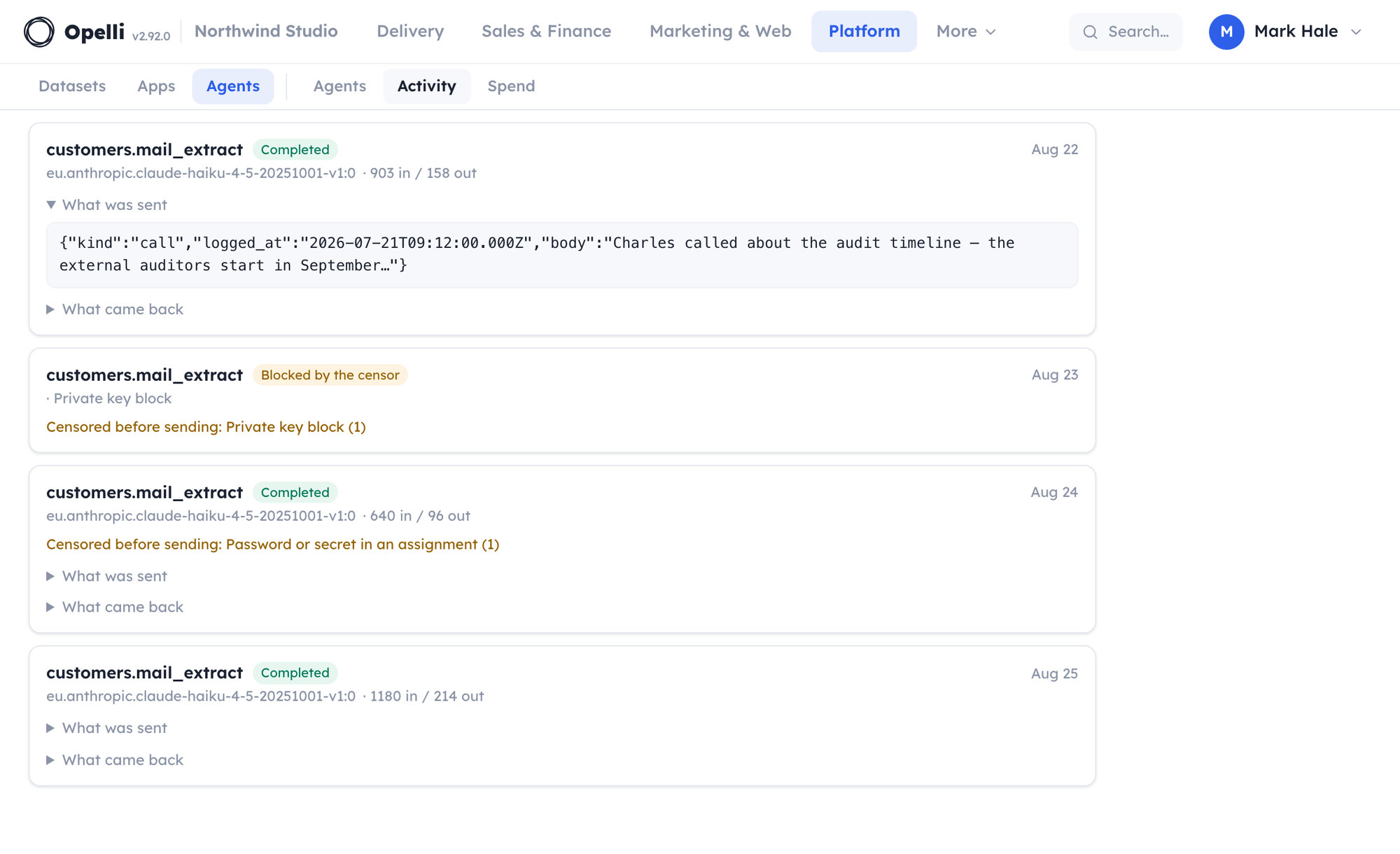 The Agents activity log: one card per model call with the model and token counts, one payload unfolded to show what actually left, a run blocked by the private-key rule, and one whose password was removed before sending.