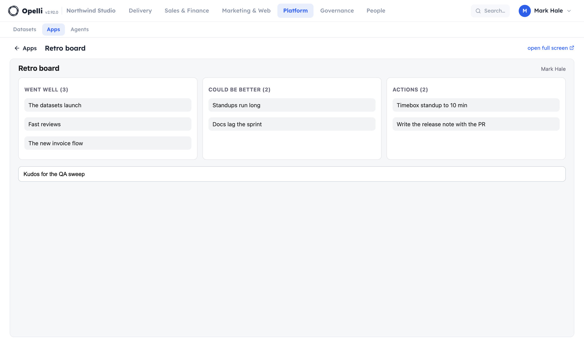 The same app open in Opelli: a retrospective board with three shared columns and the viewer's private draft, running full width under the top bar.