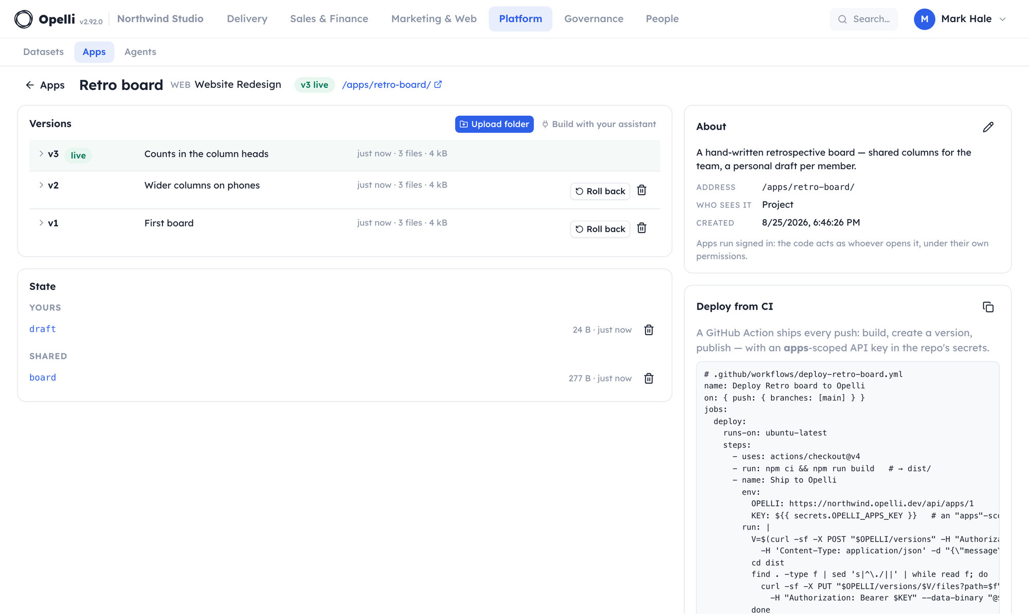 An app's detail page: the numbered version history with one version live, the app's saved state — shared keys and the viewer's own — and the ready-made CI workflow snippet beside them.