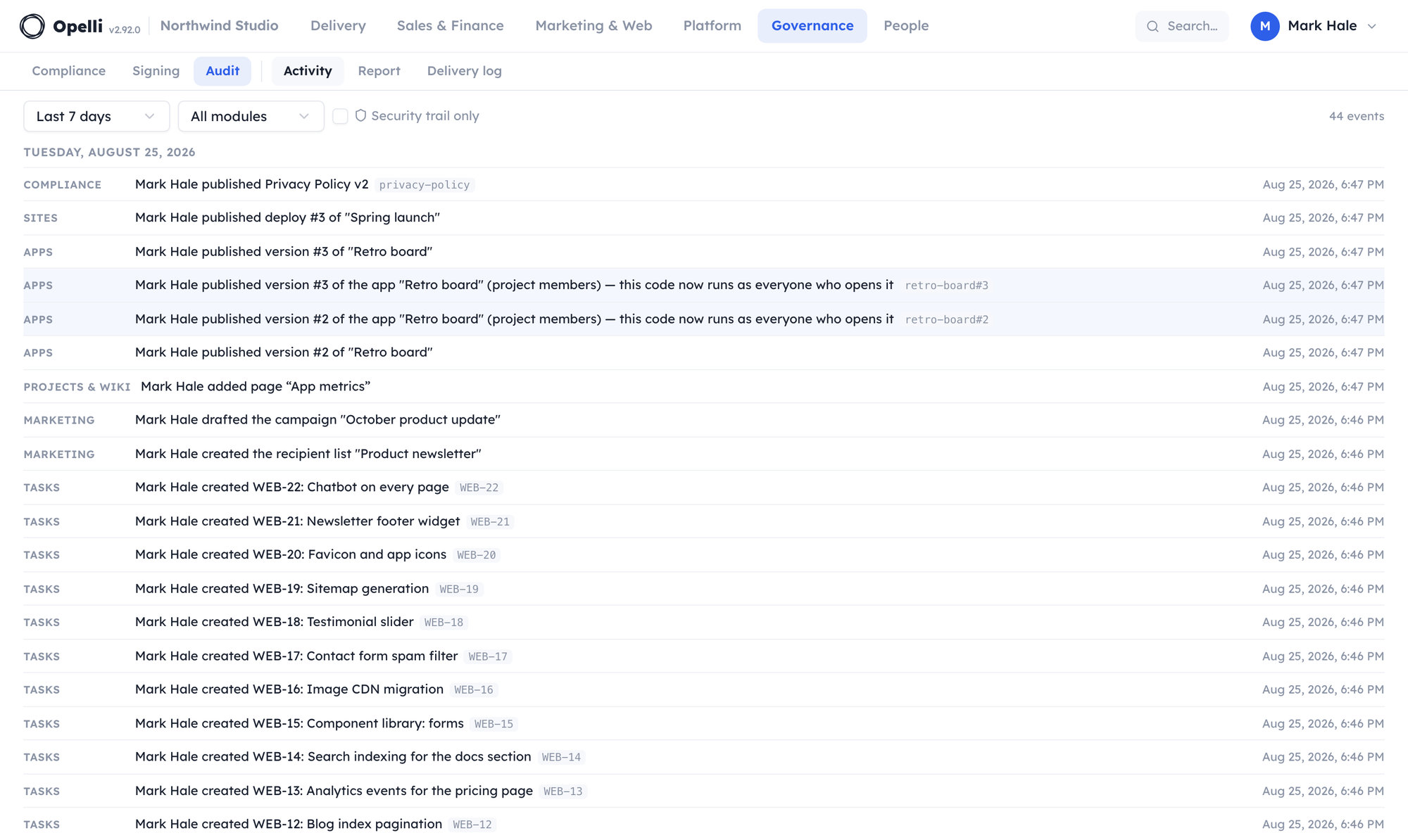 The Audit activity stream: events grouped by day with a module label per row, range and module filters, and a security-trail toggle.