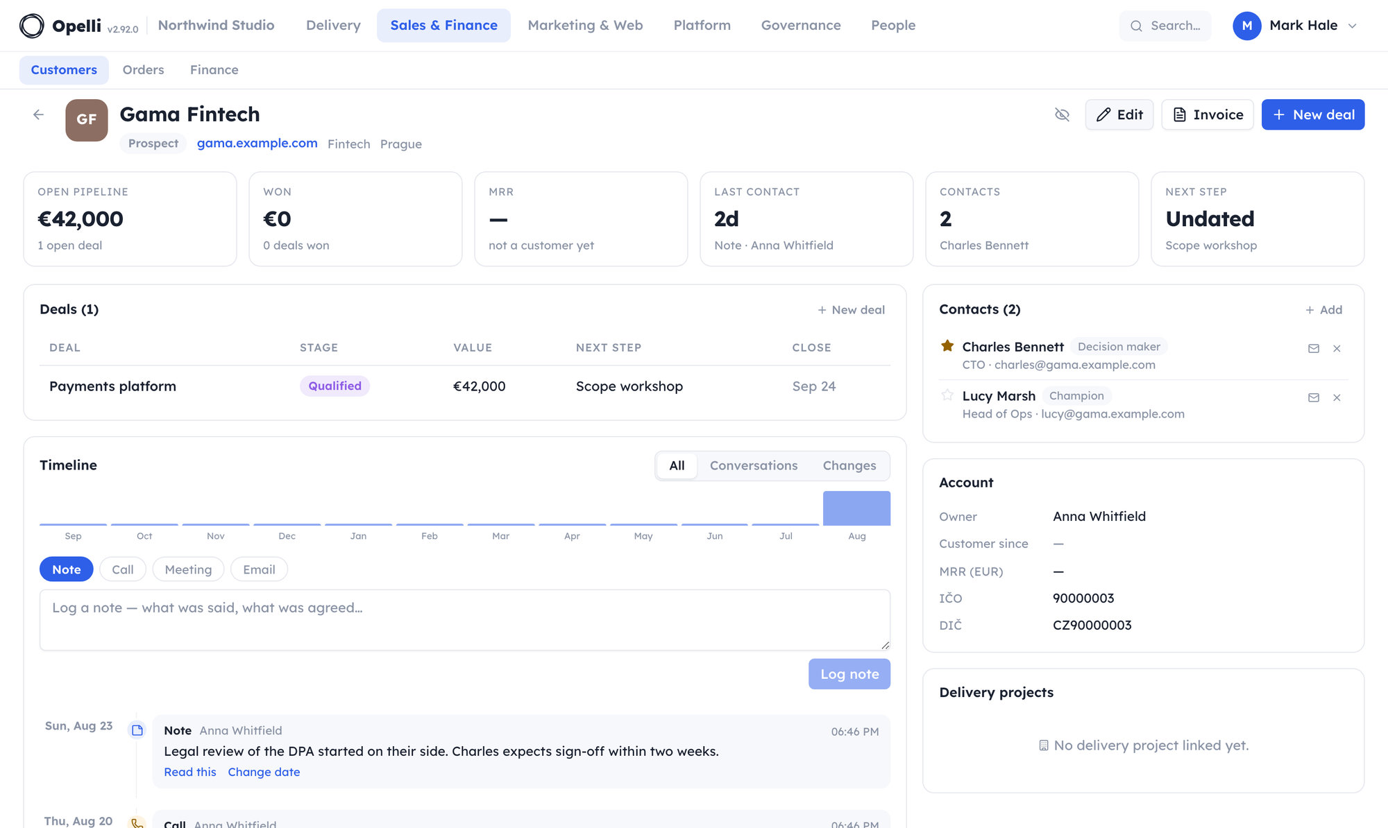 A customer's page: headline figures across the top, the deals table, the day-by-day history of notes, calls and emails, with contacts and customer details down the side.