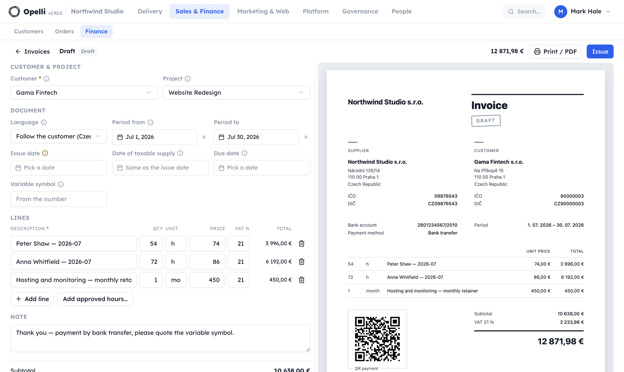 The invoice builder: the customer, period and lines on the left — two of them drawn from approved months — and the finished invoice on the right with the letterhead, VAT, totals and a payment QR code.