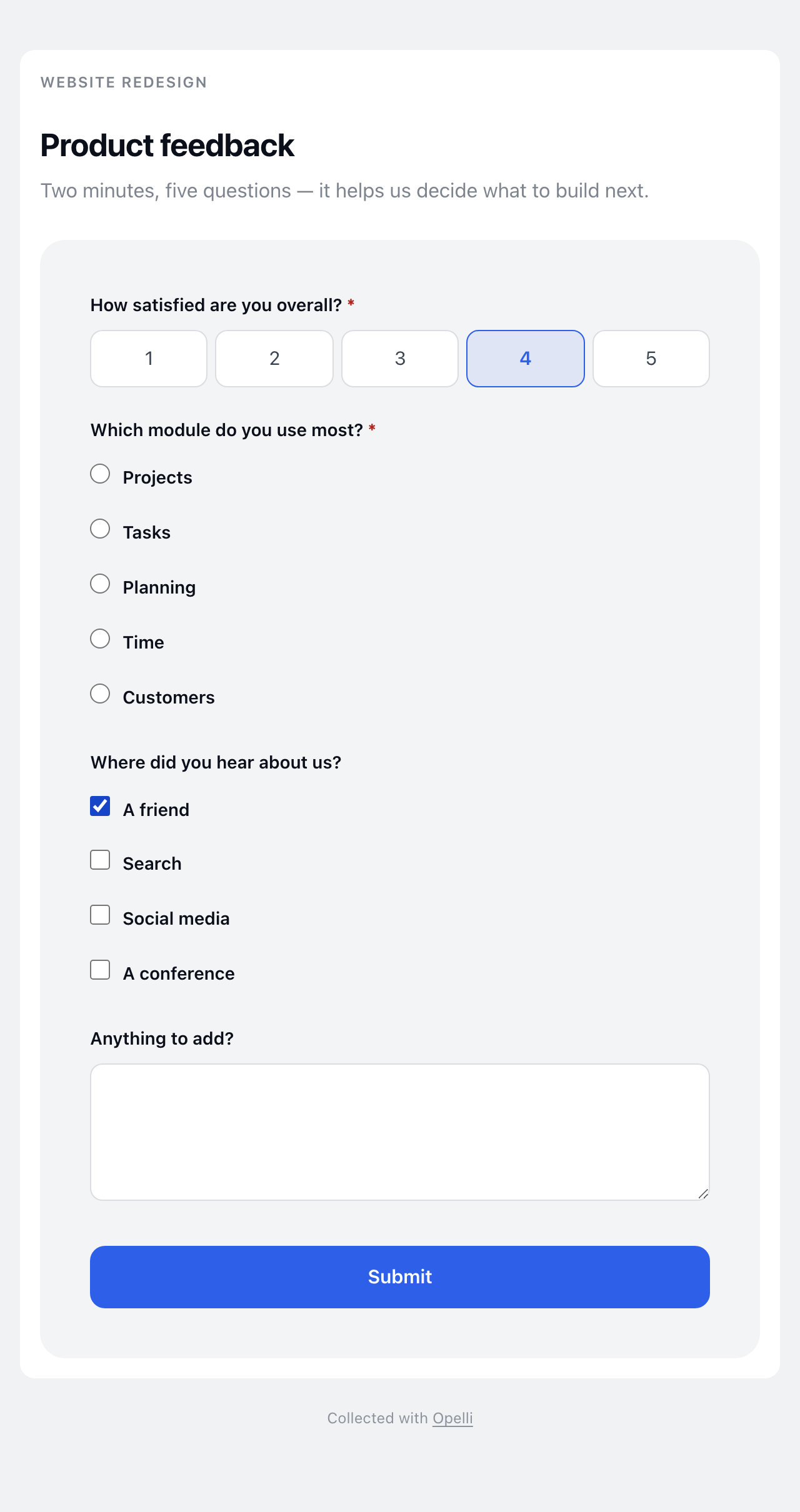 The public form page: a studio-themed card with rating, choice and long-text questions, the company name on top and an accent Submit button.