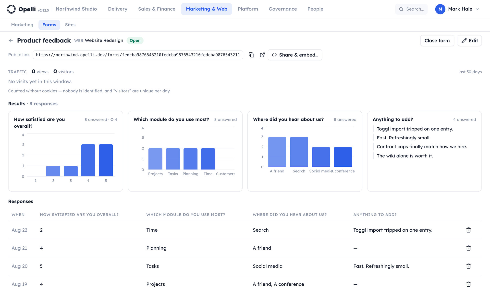 The Forms results view: per-question charts for the rating and choice questions, latest text answers, and the response table under the public link.