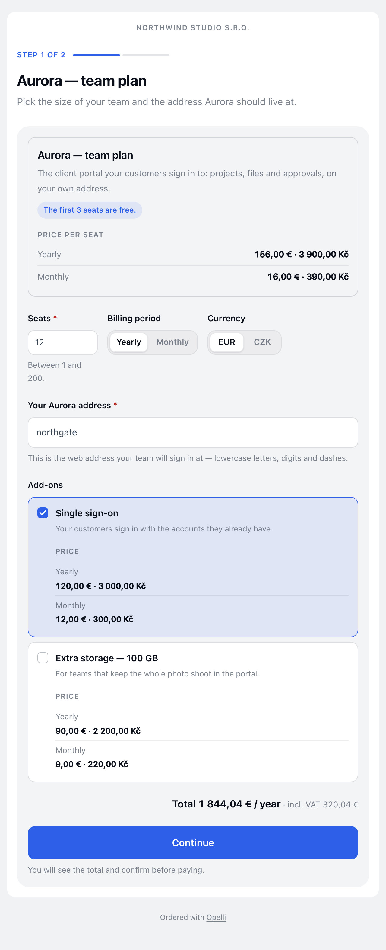 The public order page: a themed card with the price per seat and term, the team size, billing period and address the buyer chooses, two add-ons, and the live total above Continue.