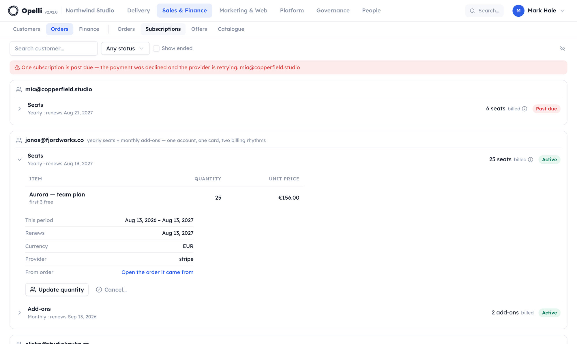 The Subscriptions tab grouped by customer: a past-due alert at the top, and one account billing yearly seats and monthly add-ons on a single card, expanded to its items and period.