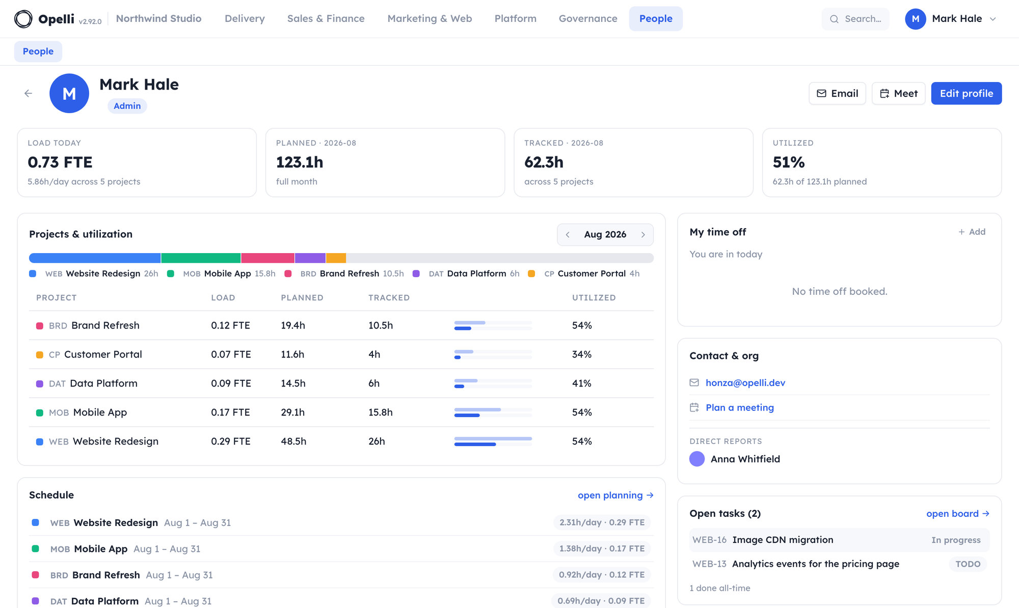 A person's page: five projects stacked into one utilization bar for the month, each in its project color, with the per-project table below.
