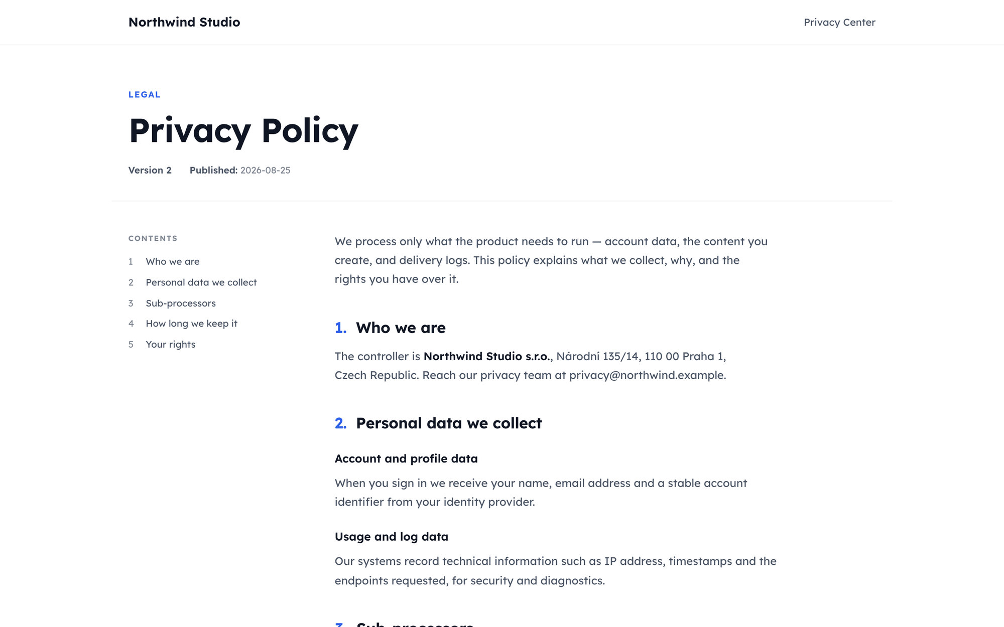 A published privacy policy on the Privacy Center: the document title and version, a sticky table of contents built from its headings, and numbered sections.