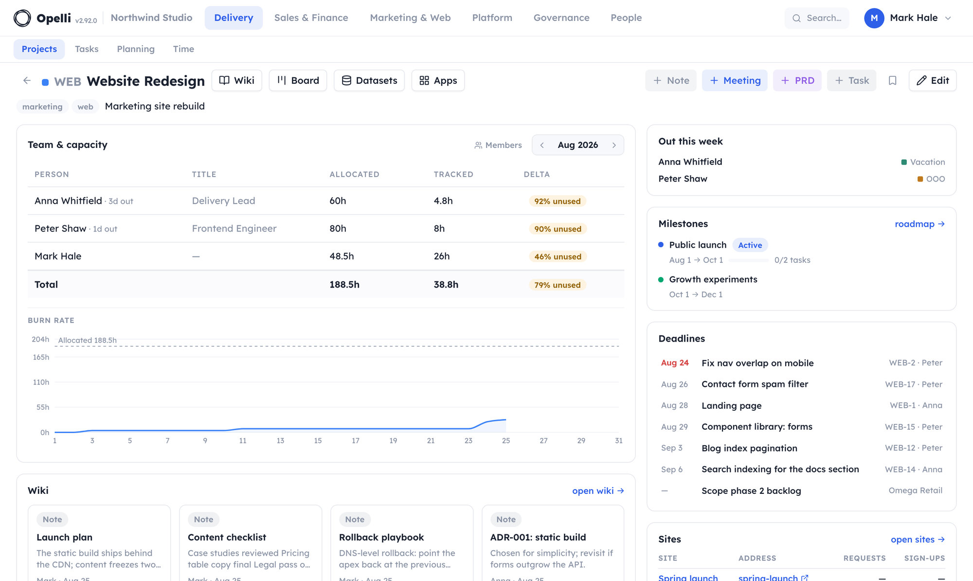 A project detail page: team and capacity table, budget chart, wiki and task widgets.