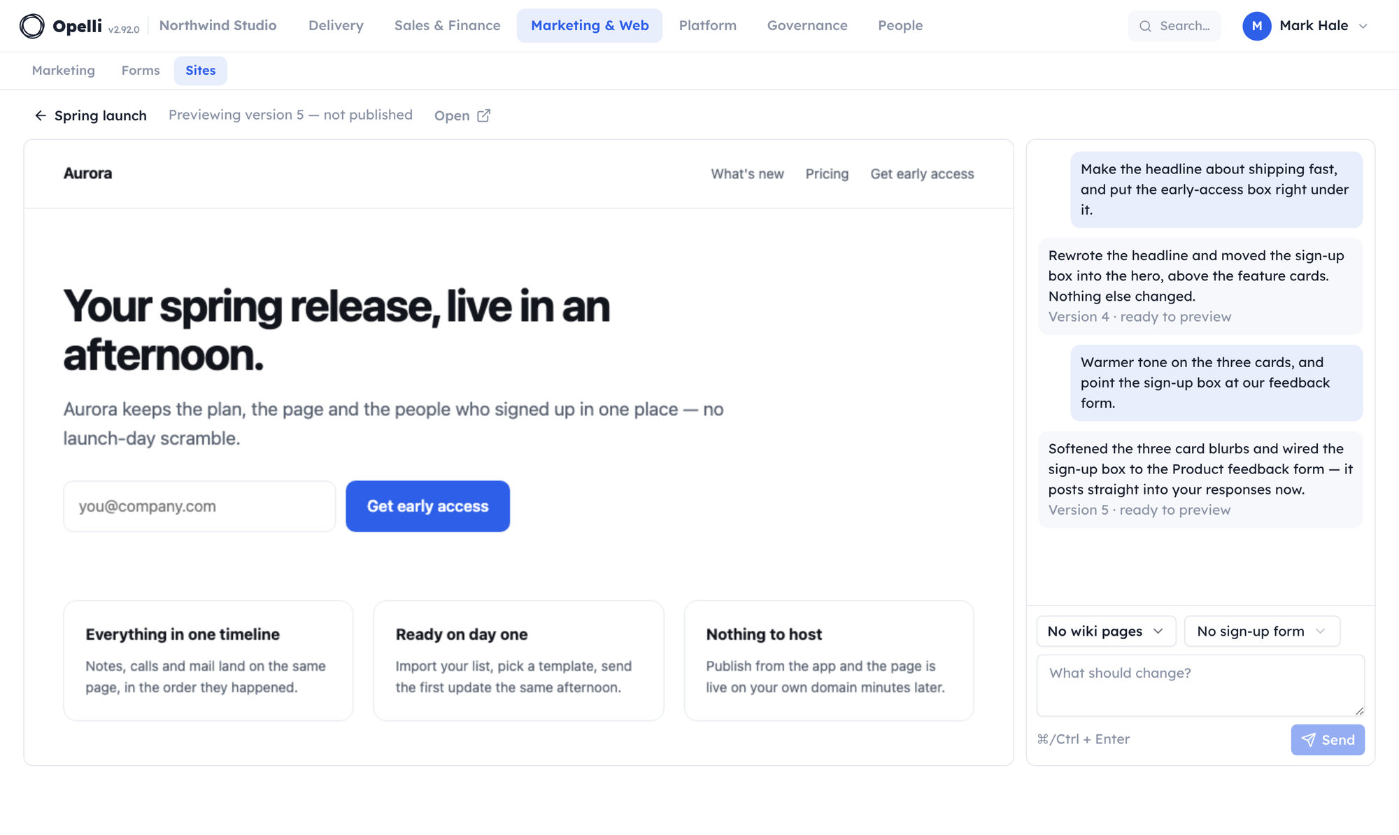 The site assistant: a rendered landing page in the preview pane marked “Previewing version 5 — not published”, and a chat beside it where two instructions each came back with a summary of what changed.