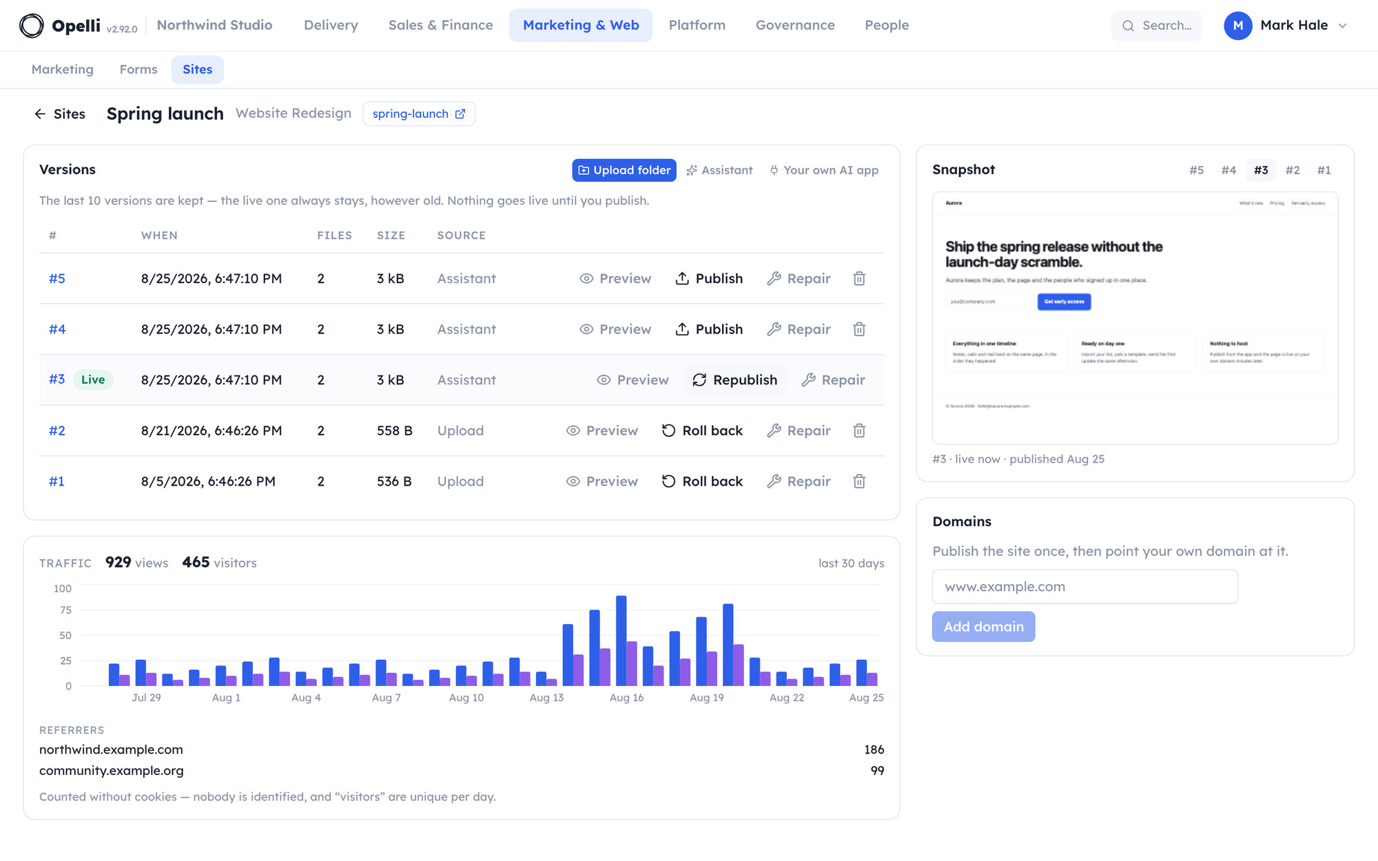 A microsite in Opelli: the version list — five versions, three written by the assistant, one marked Live, with Preview, Publish and Roll back beside the others — a picture of the page each version is, the last thirty days of visits, and a box to point your own domain at it.