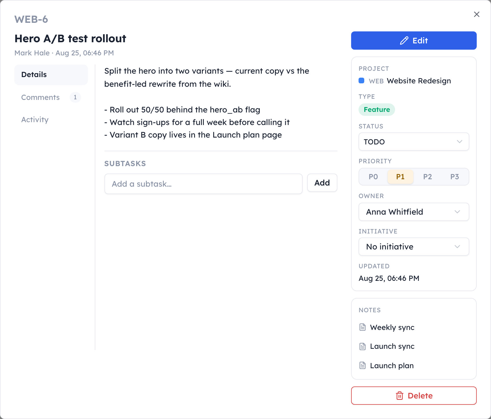A task opened read-first: the description up front, a P0–P3 priority control and quick status and owner selects in the sidebar, and the Weekly sync meeting note it came from linked below.