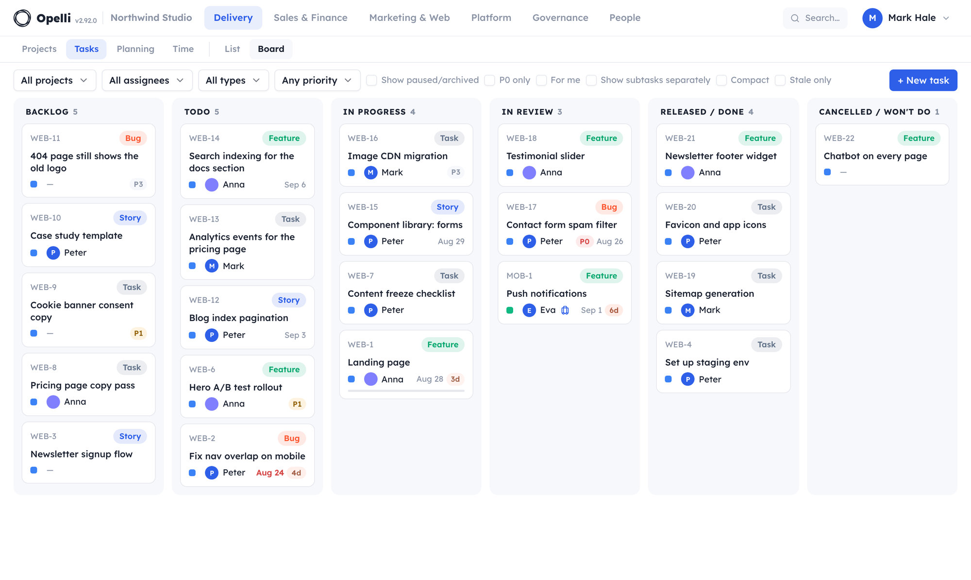 The Tasks board: status columns with typed task cards, assignees and due dates.