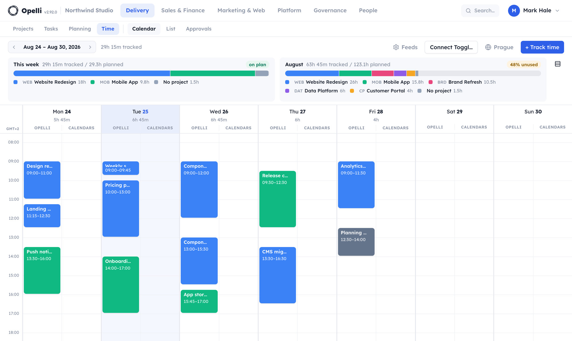 The Time week calendar with time entries laid out across the week.