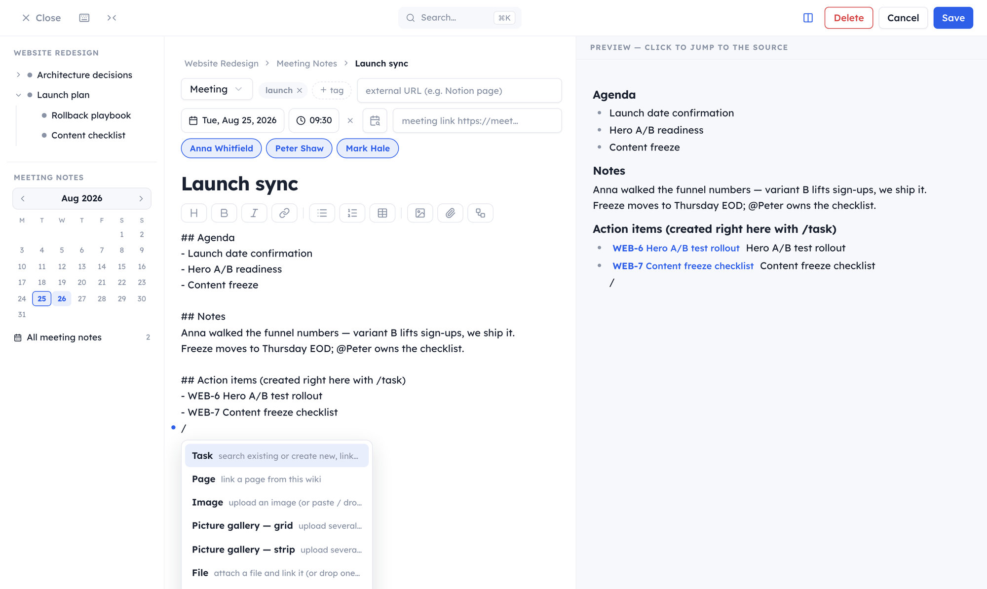 The wiki editor on a meeting note: attendee chips, the Markdown text and an insert menu offering a task, a page, an image and a flow chart.
